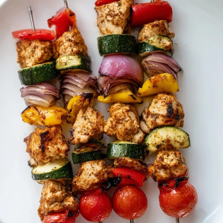 Grilled Chicken and Veggie Skewers, showcasing tender chicken alongside colorful, perfectly cooked summer vegetables.