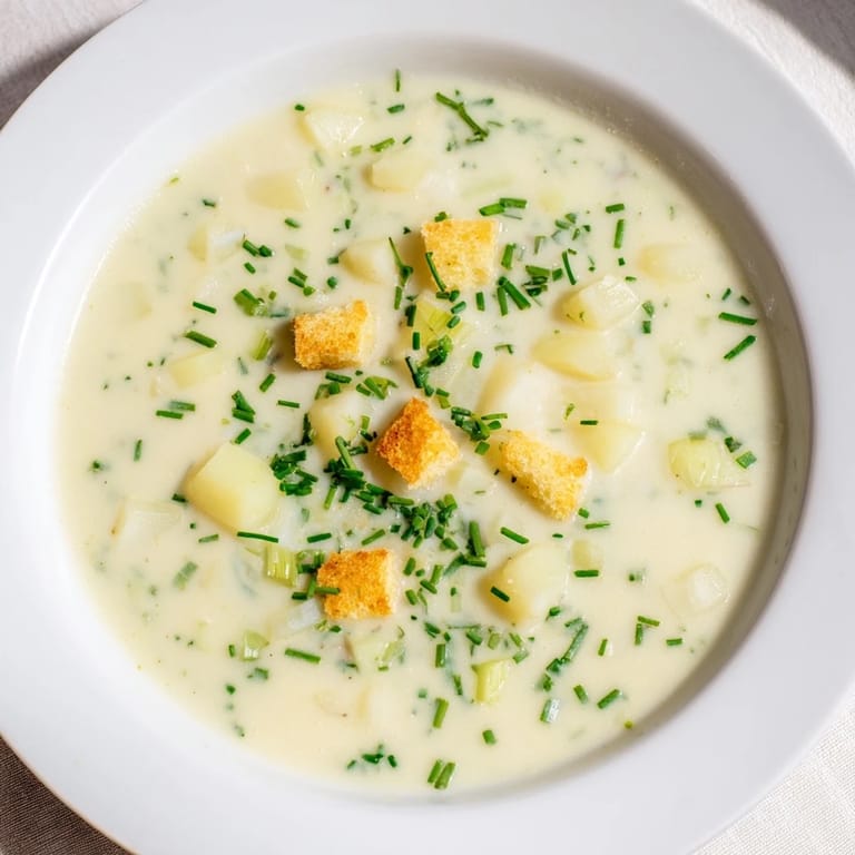 Golden-hued Quick & Simple Potato and Leek Soup, a vegetarian delight, is served warm with a garnish.