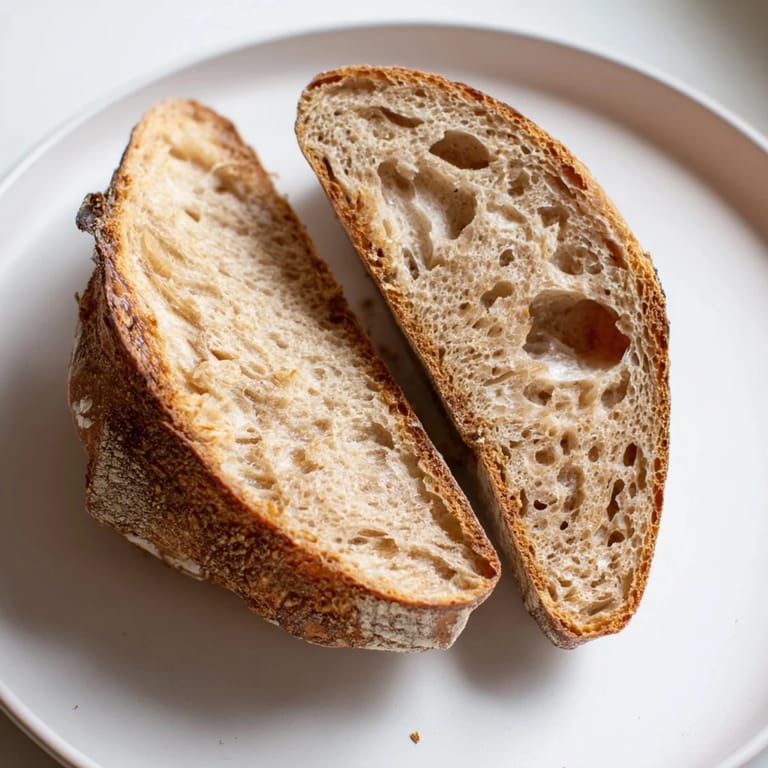 A close-up of the best easy no-knead bread, showing the airy interior and satisfying crust.