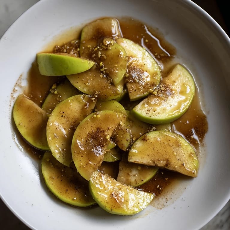 Golden-brown baked apple slices, coated in a sweet cinnamon brown sugar sauce, ready to serve.
