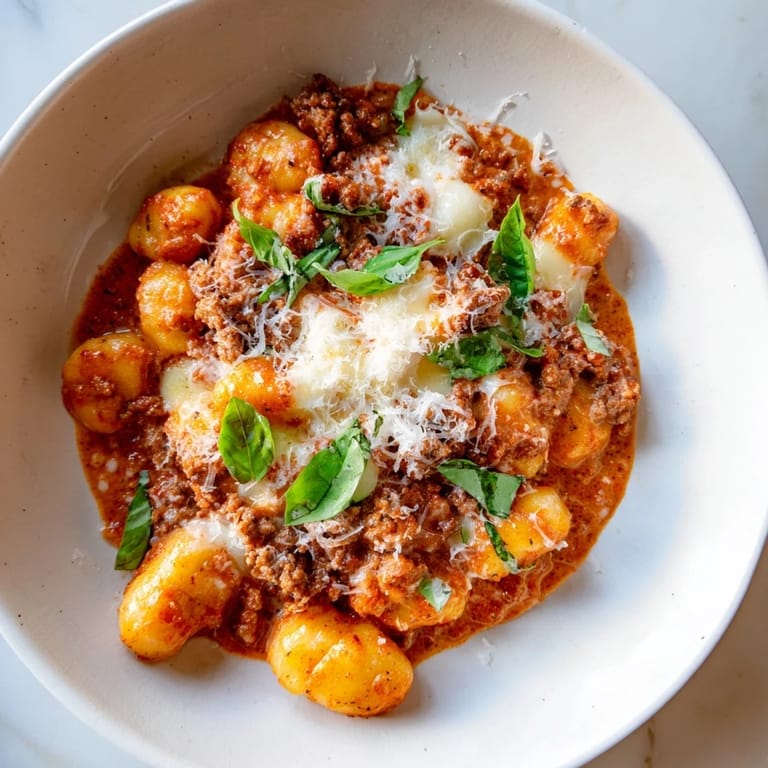 Plump gnocchi swimming in a vibrant, creamy sauce of Creamy Tomato and Sausage, sprinkled with basil.