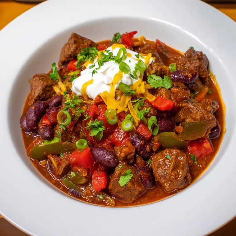 A close-up of hearty Winter Warming Chili con Carne with a rich, dark color and tender beef chunks.