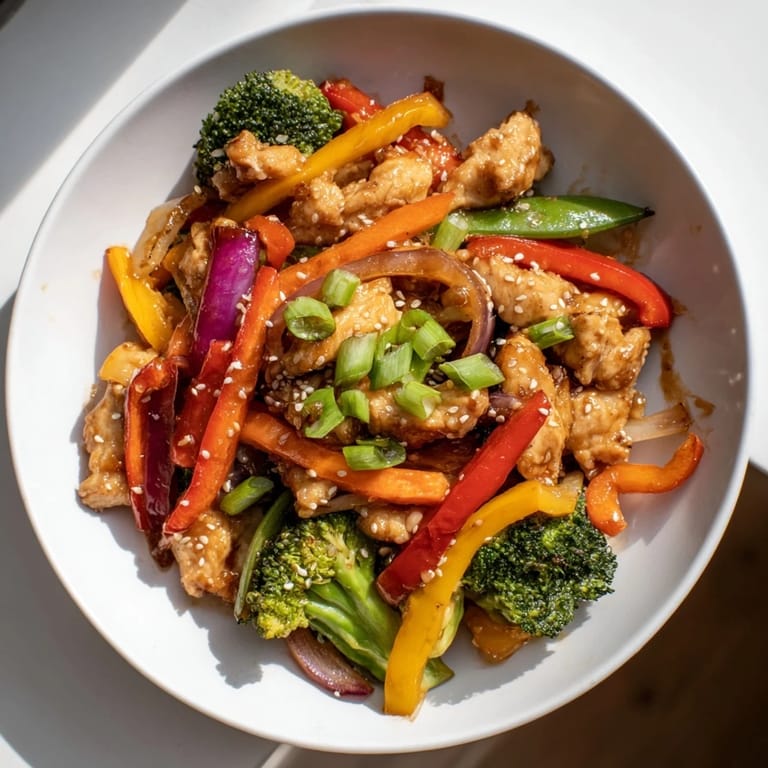 A close-up of sheet pan chicken stir-fry: colorful peppers and chicken coated in a rich glaze.
