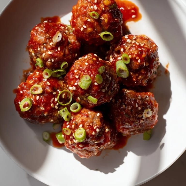 Mouthwatering close-up of Spicy Sriracha Honey Meatballs, a colorful appetizer bursting with flavor and aroma.