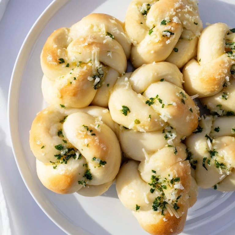 Close-up of freshly baked Homemade Garlic Knots, glistening from garlic butter, an easy appetizer to make.