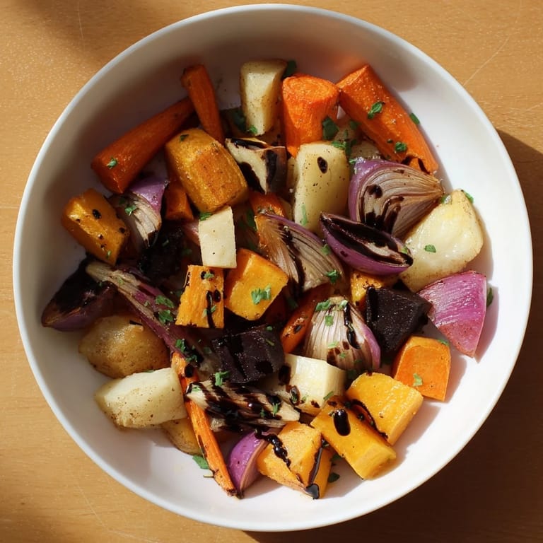 A colorful plate of Roasted Root Vegetable Medley, perfectly roasted and seasoned for a delicious side dish.