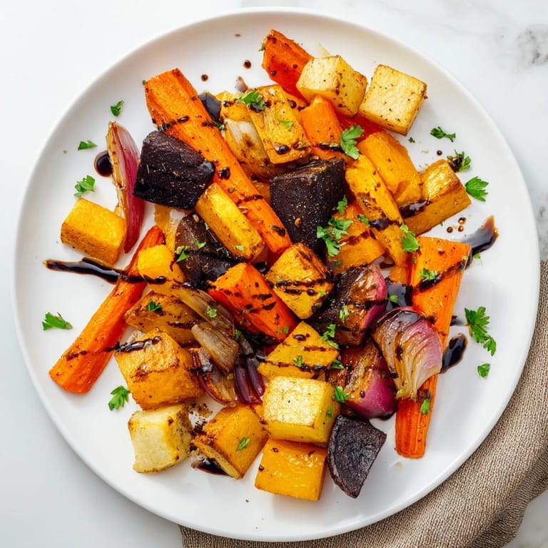 Taste the tangy balsamic glaze over this flavorful Roasted Root Vegetable Medley, an easy vegetarian meal.