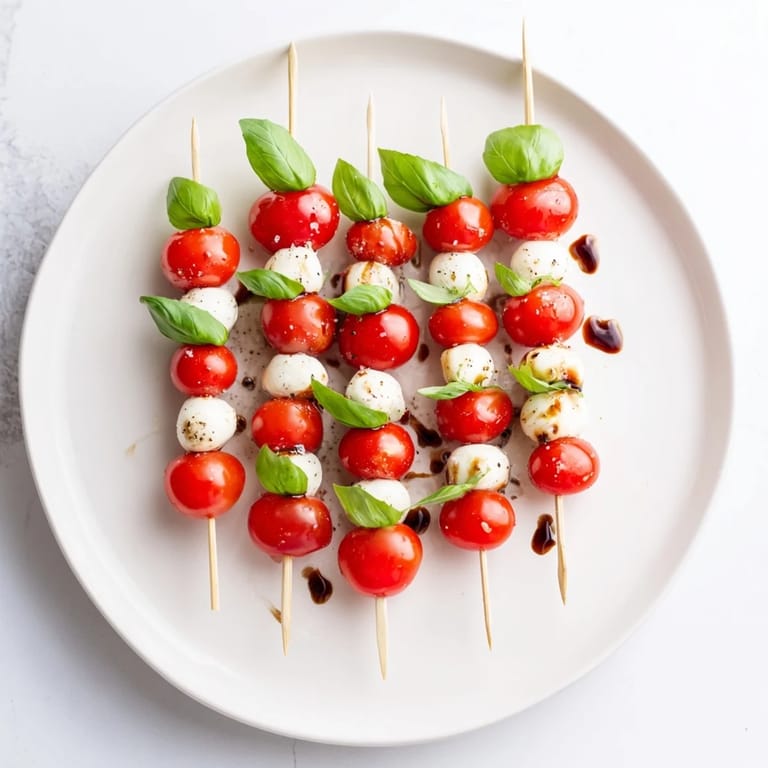 Cool, refreshing Fresh Caprese Salad Skewers—cherry tomatoes, mozzarella, and basil ready for your snacking pleasure.