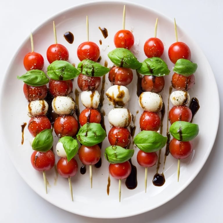 Bright red cherry tomatoes and creamy mozzarella on Fresh Caprese Salad Skewers, a delicious, easy vegetarian treat.