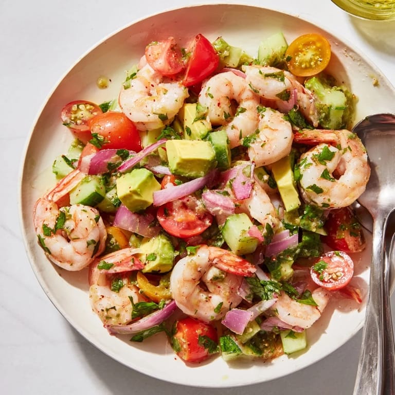 Vibrant light & fresh shrimp ceviche with diced avocado, cilantro, and served alongside crispy chips.