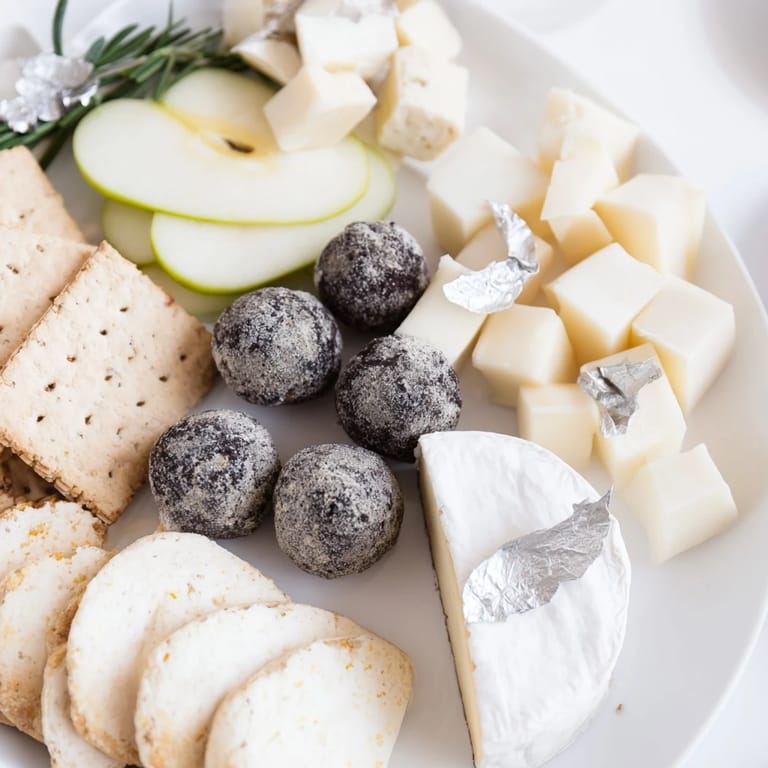 Indulge in this gorgeous Silver Screen cheese board, showcasing truffle brie, goat cheese, and glistening silver chocolates.