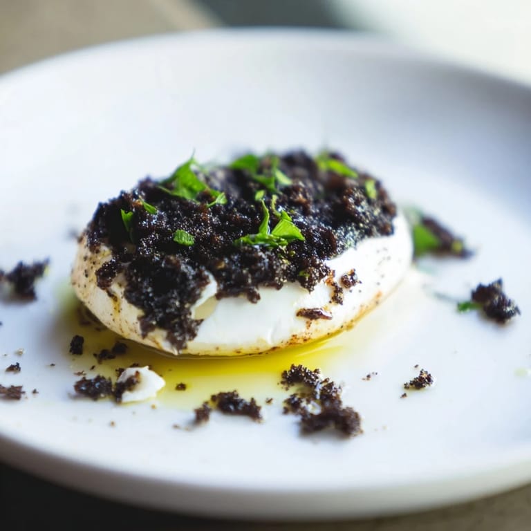 Delicious The Victorian Cameo appetizer: oval goat cheese is beautifully contrasted by rich, black olive tapenade atop crusty bread.