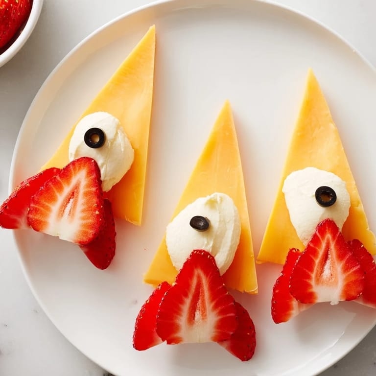 The impressive Retro Rocket appetizer displays cheese rocket with vivid strawberry "flames" ready for snacking.
