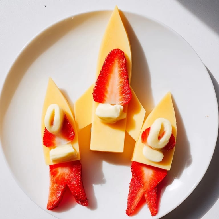 Assemble a fun Retro Rocket snack: pointed cheese "rocket" with fiery strawberry slices ready to serve.