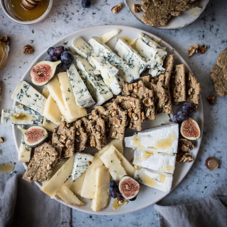 This The Blue Ridge Mountains cheese platter offers blue cheeses drizzled with honey, ready to enjoy with friends.