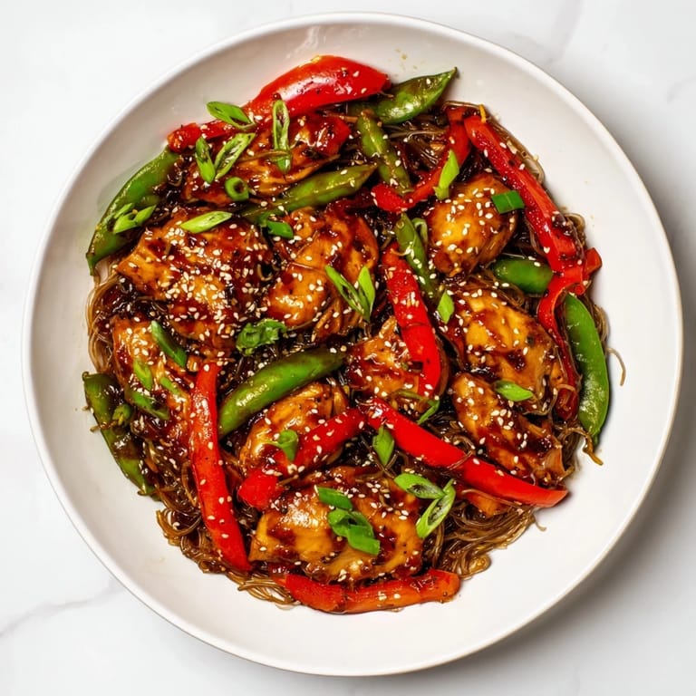 A colorful close-up of savory Mongolian Chicken with noodles, showcasing vibrant peppers and a rich, glossy sauce.