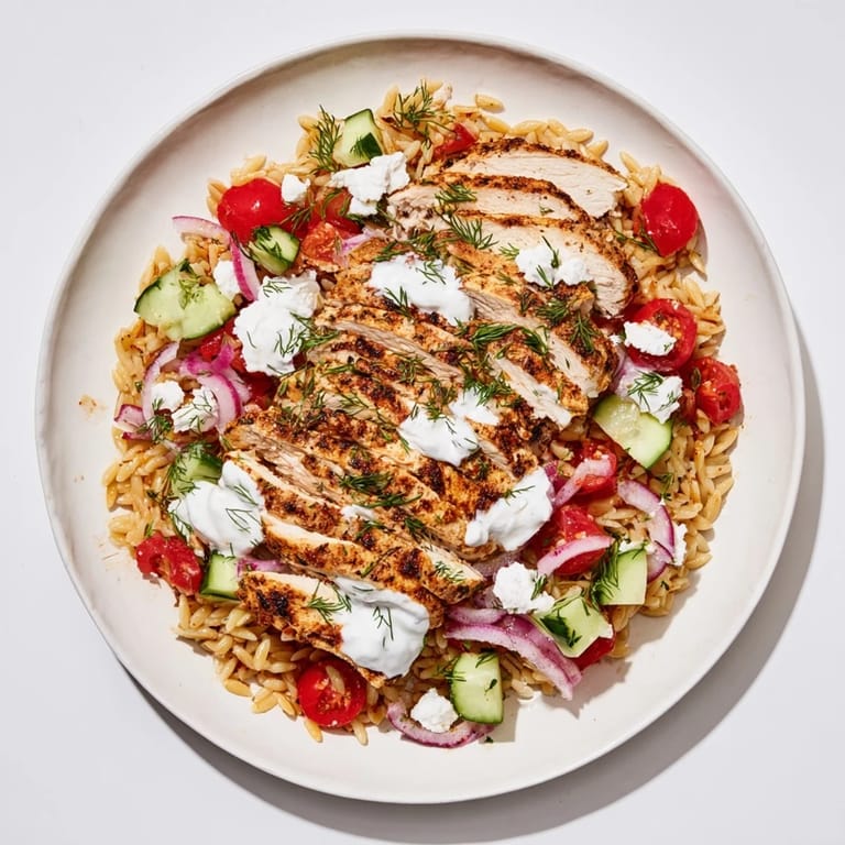 The colorful Greek Chicken Gyro Pasta Bowl includes sliced chicken, flavorful pasta, and a delicious yogurt sauce.
