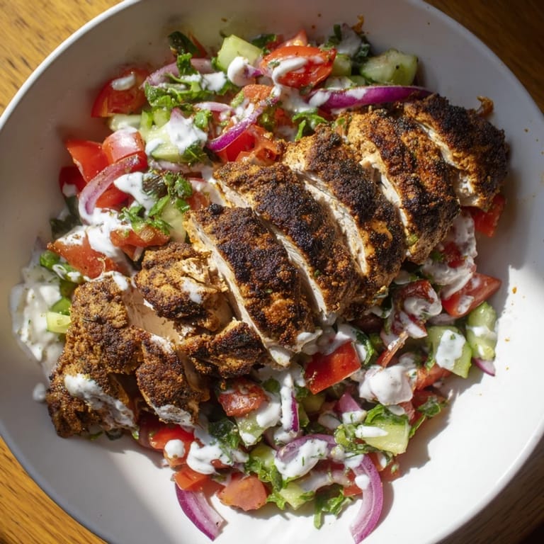 Fresh, colorful chicken shawarma salad, with spiced cuts atop vibrant veggie salad, perfect for lunch.