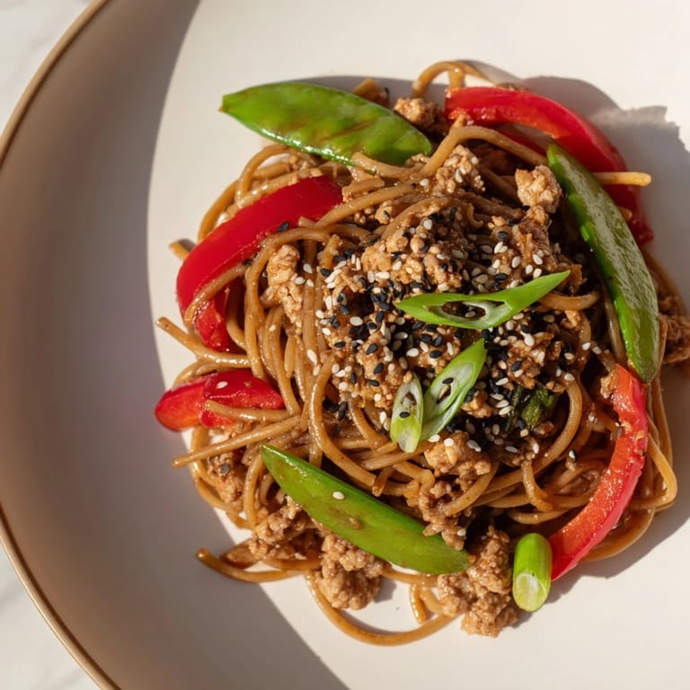 A bowl of Sesame Hoisin Ground Chicken Pasta, showcasing tender pasta and flavorful hoisin-glazed chicken.