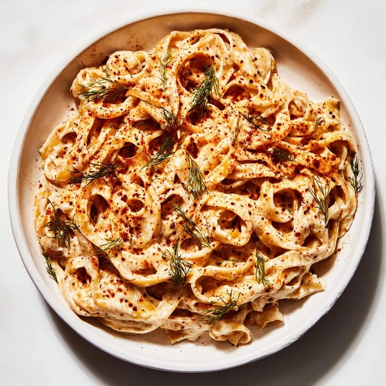 A flavorful serving of Turkish Pasta, with vibrant chili oil and fresh herbs, ready to taste.