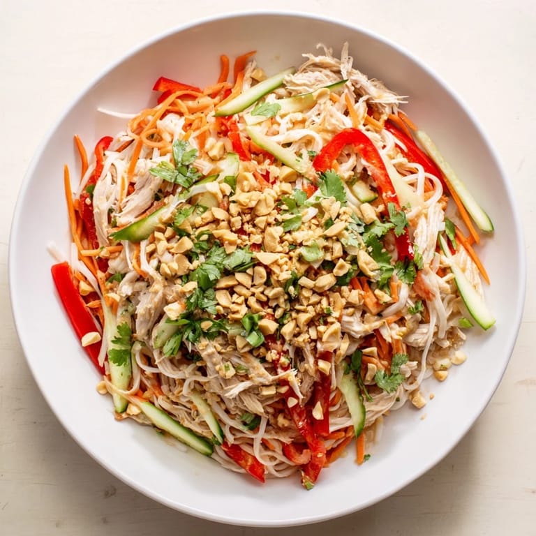 Chilled Thai-inspired peanut chicken pasta offering a refreshing mix of textures and savory flavors.