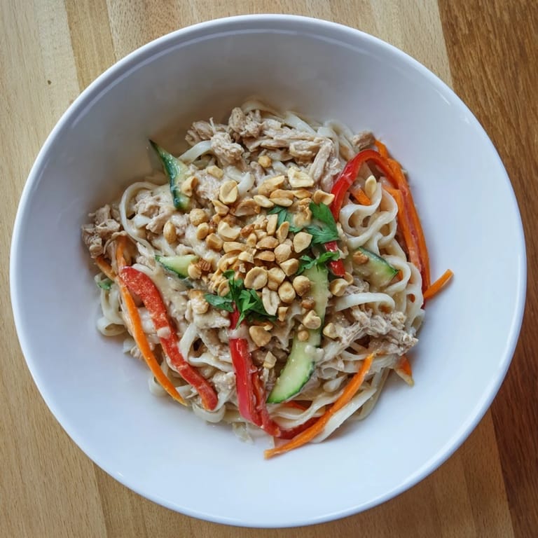 Enjoy a close-up view of delicious Thai-inspired peanut chicken pasta, ready to be devoured.