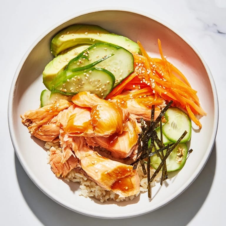 Enjoy a delicious Japanese-Style Salmon & Chicken Rice Bowl, with fluffy rice and savory marinated proteins.