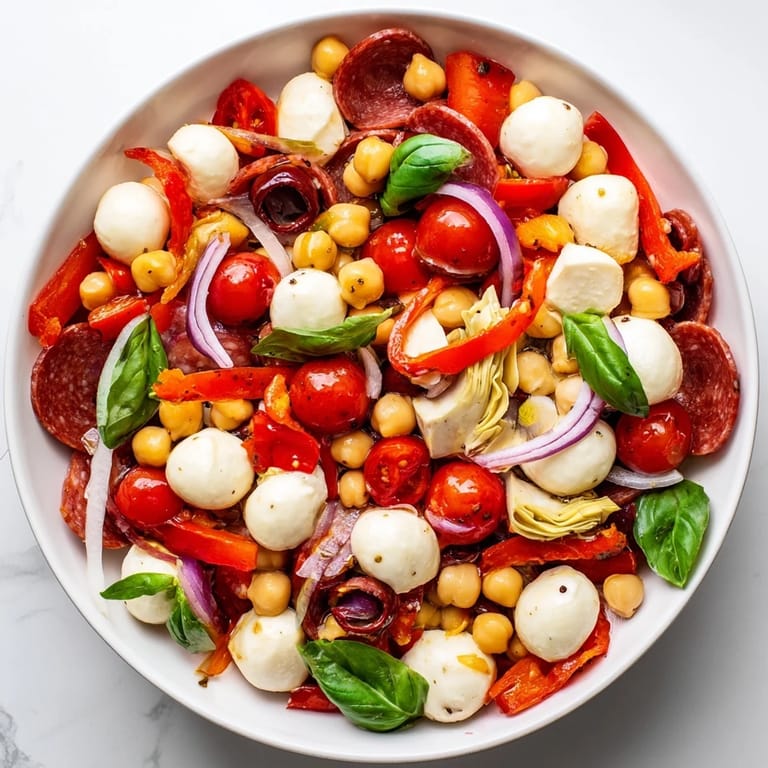 This Antipasto Chickpea Salad showcases a medley of Italian flavors, tossed in a tangy vinaigrette.