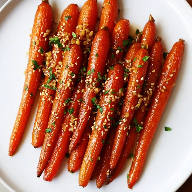 Tender, oven-roasted Honey Soy Carrots: a delicious, sweet and salty side highlighted by sesame seeds.