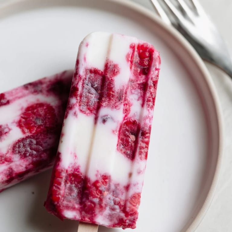 Frozen Raspberry Coconut Ice Pops, showing layers of creamy coconut and delicious berry swirls.
