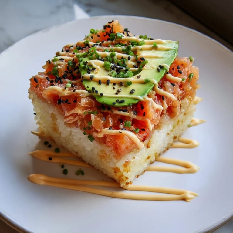 This delicious Crispy Rice Salmon Stack is layered with fresh avocado and vibrant salmon.