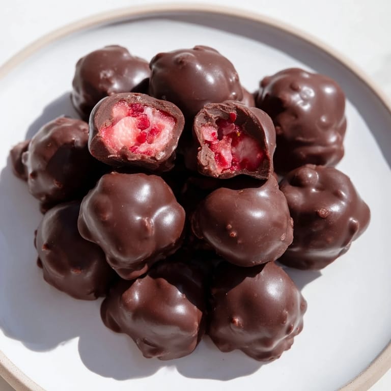 Close-up of freshly made Strawberry Yogurt Clusters, featuring vibrant strawberries and rich chocolate.