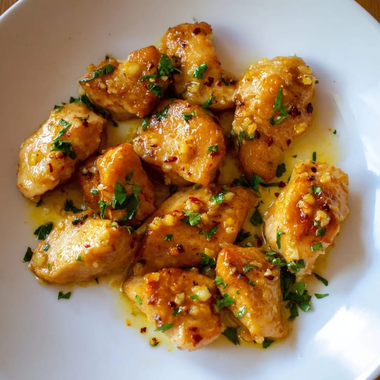 Close-up of succulent Garlic Butter Chicken Bites: the inviting aroma of garlic and butter.