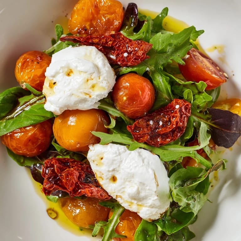 This stunning Tomato Flight Salad shows roasted and fresh tomatoes alongside creamy burrata.