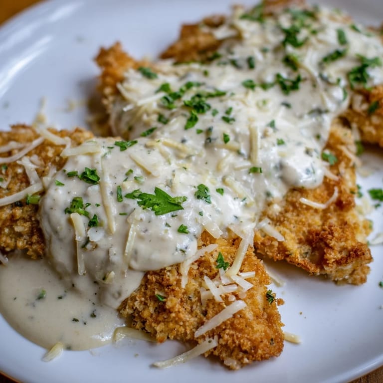 Enjoy a plate of flavorful Crispy Chicken with Garlic Cream Sauce garnished with fresh parsley.