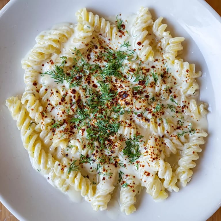 A vibrant bowl of Turkish yogurt pasta, the pasta coated in creamy yogurt and topped with aromatic butter.