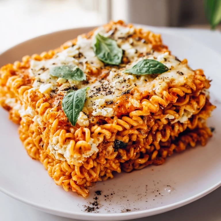 Enjoy the comforting layers of Ramen Lasagna: a homemade, fusion recipe's delicious baked result.