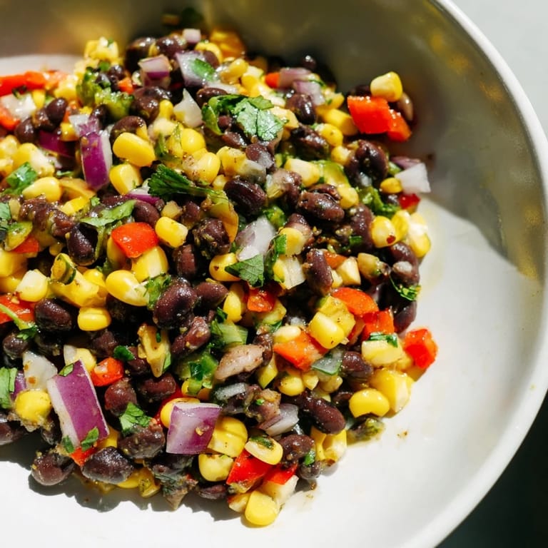 Showstopping photo of Cowboy Caviar Salad, glistening and ready to scoop up with chips.