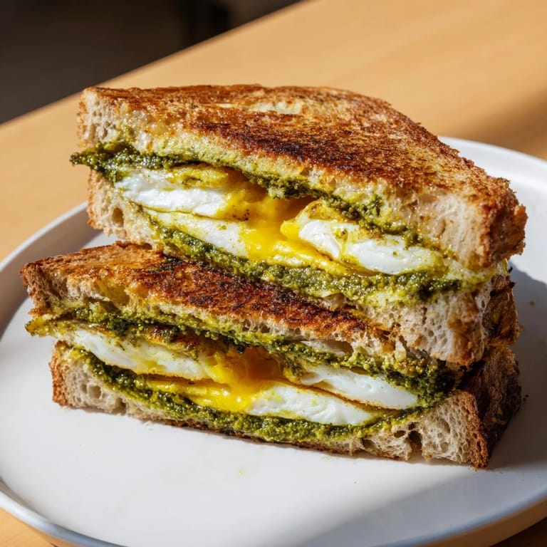 Freshly made Pesto Egg Grilled Cheese: layers of melted cheese with a vibrant basil pesto egg filling.