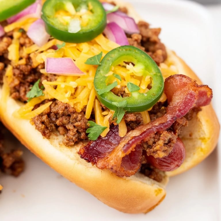 A close-up of delicious Mexican Hot Dogs, showcasing crispy bacon and spiced ground beef filling, ready to eat.