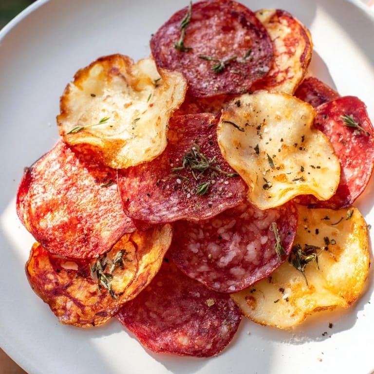 Oven-baked charcuterie chips: a delightful mix of cured meats and melted, bubbly cheese chips.