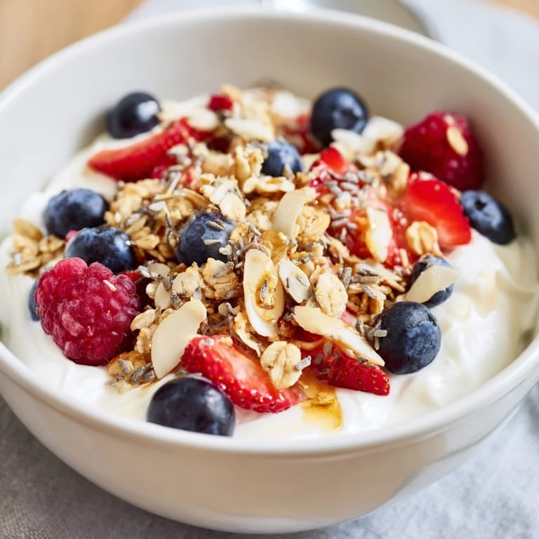 This healthy dry yogurt bowl is layered with creamy yogurt, crunchy granola, and vibrant berries.