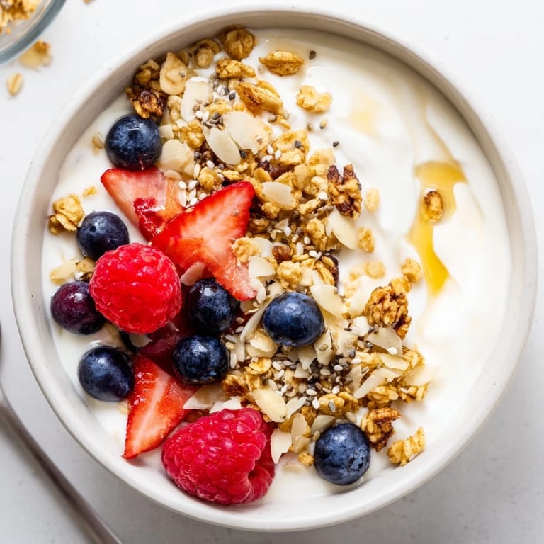 A visually appealing, brightly colored dry yogurt bowl arranged to showcase fresh berries.