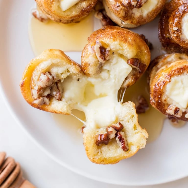 These savory Pancake Brie Bites feature a soft, golden exterior with creamy, melted brie at the center.