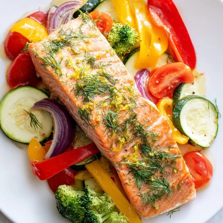 Golden-brown sheet pan salmon, featuring tender fillets surrounded by colorful, roasted vegetables.