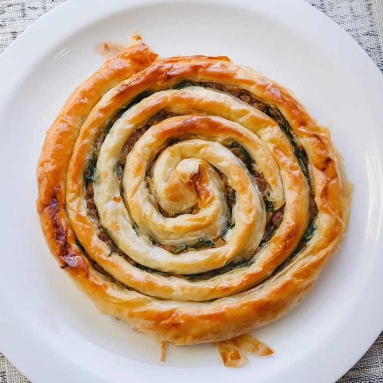 A close-up view of the perfectly browned Bosnian Burek showcases its delicious, layered texture.