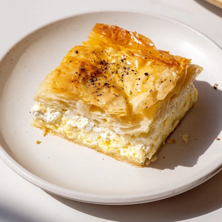 A close-up of baked Bulgarian Banitsa, showing the crispy phyllo dough and bubbling cheese filling.