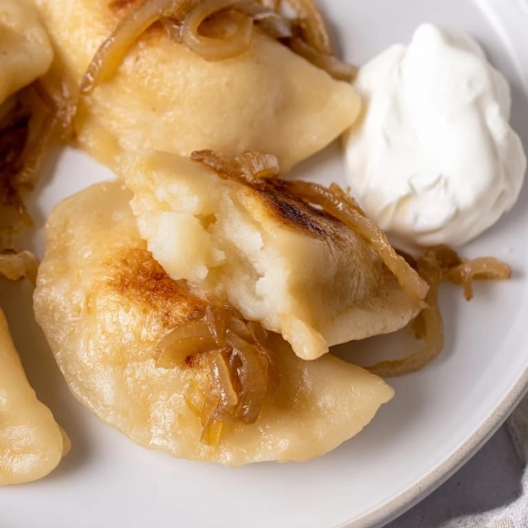 Steaming plate of delicious Polish pierogi, the potato and cheese filling visible inside.