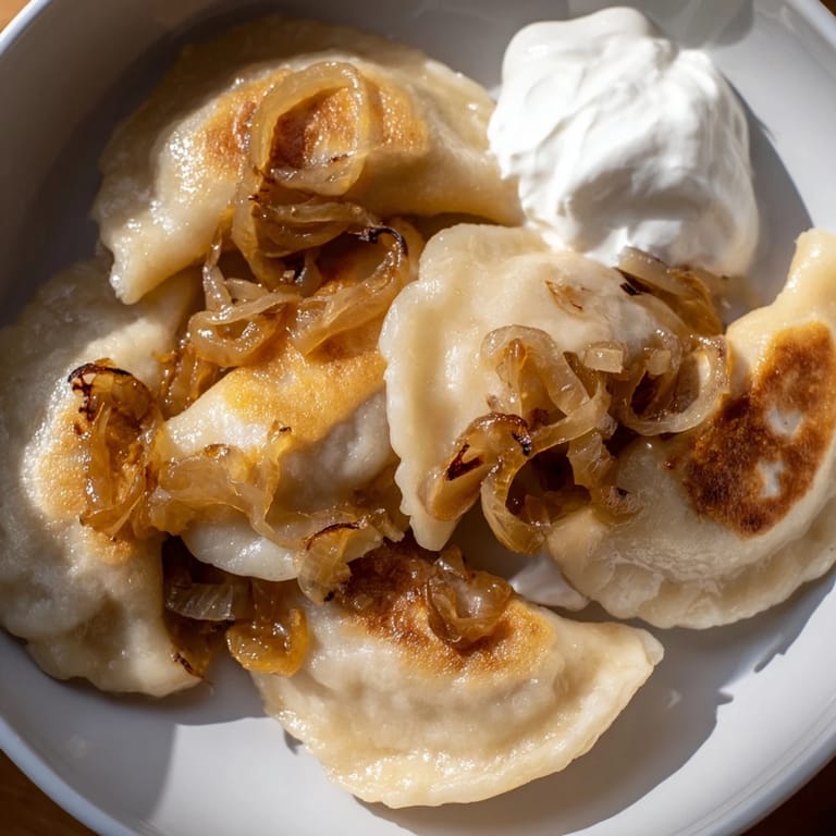 Perfectly fried Polish pierogi dumplings, offering a delicious potato and cheese flavor and crispy texture.