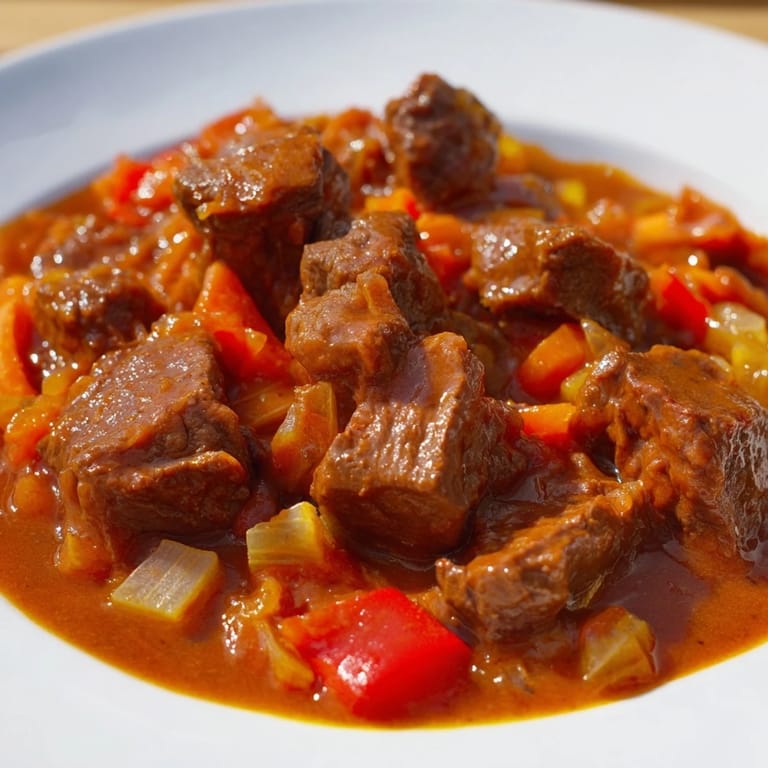 Close-up of hearty Hungarian Goulash Stew, showcasing rich colors and savory aromas of the paprika.